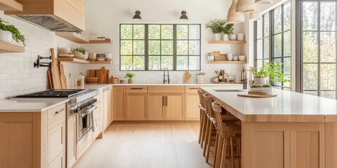 Fototapeta premium Modern Light Wood Kitchen Island and Cabinets