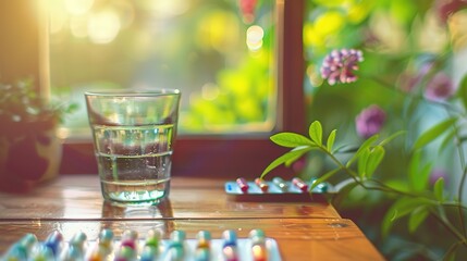 Colorful capsules in a pill organizer on a wooden table with a glass of water, representing daily medication routine for chronic illness management and health care.
