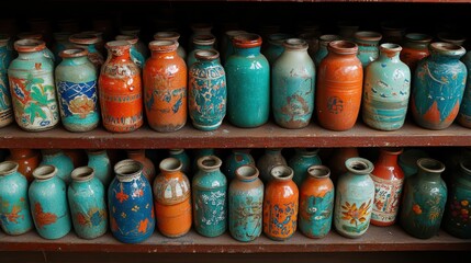A collection of colorful, decorative ceramic jars displayed on wooden shelves.