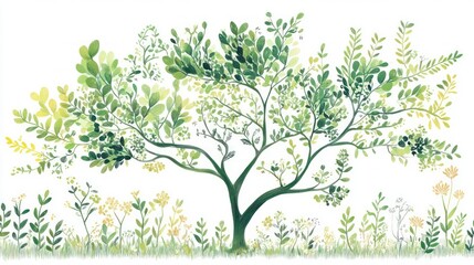 Lush green tree, spring foliage, white background, nature illustration, website header