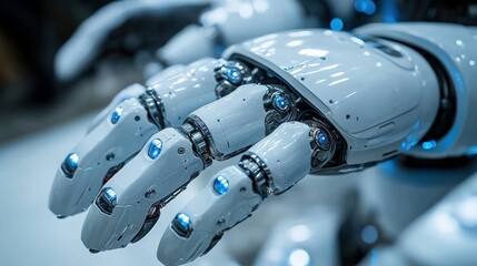 Close-up of a futuristic robotic hand showcasing intricate mechanical design and illuminated features