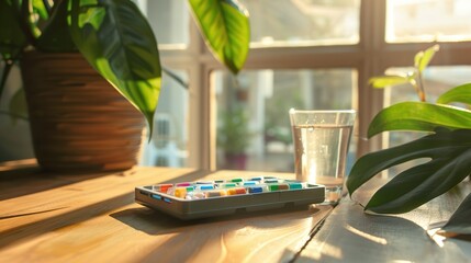 Colorful capsules in a pill organizer on a wooden table with a glass of water, representing daily medication routine for chronic illness management and health care.
