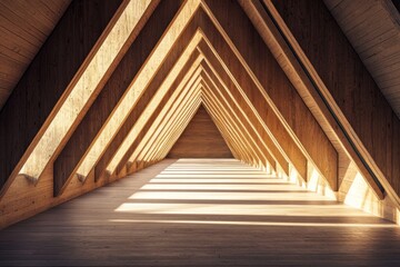 An empty, wooden, triangular room with shadows on the wall. Showcases geometric architecture, light and shadow play, and a symmetrical composition
