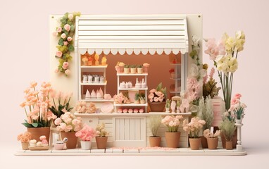 Fototapeta premium A miniature model of a flower shop with a white background, a pastel color scheme, a feminist style, plants outside, pot of beaitiful flower, a wooden floor, ambient lighting, and a creative design