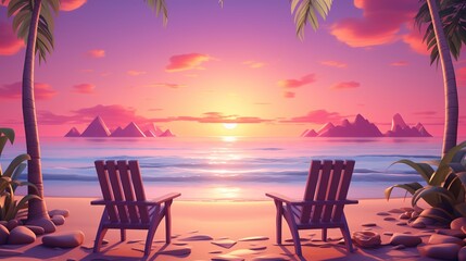 Fototapeta premium 3D isometric tropical beach scene with chairs overlooking a breathtaking colorful sky, gentle waves and palm trees in the background