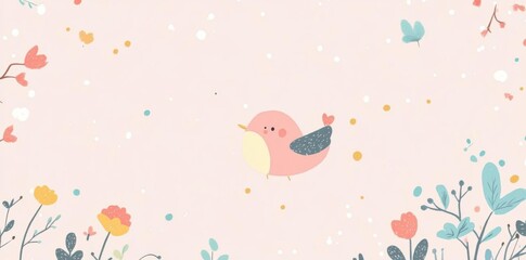 Cute Bird Flies Through Garden of Pastel Flowers, Spring Theme