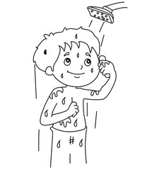 Cute cartoon hand drawn vector boy bathing in bathroom coloring page.