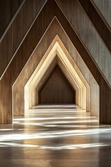 An empty, wooden, triangular room with shadows on the wall. Showcases geometric architecture, light and shadow play, and a symmetrical composition