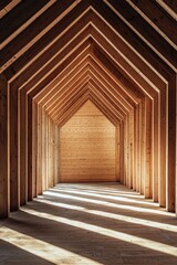 An empty, wooden, triangular room with shadows on the wall. Showcases geometric architecture, light and shadow play, and a symmetrical composition