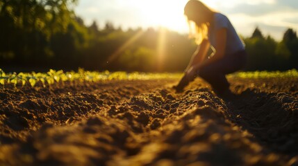 A woman is kneeling in a vibrant field, closely observing a plant amidst the natural landscape