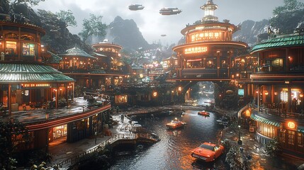 Obraz premium Futuristic cityscape with floating vehicles above a vibrant waterfront community amidst mountains