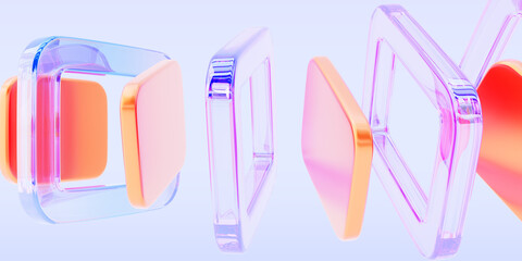 3d colorful background with glass holographic transparent square frames and plastic orange plates render. Abstract geometric shapes with rainbow color gradient, dispersion light. 3D illustration