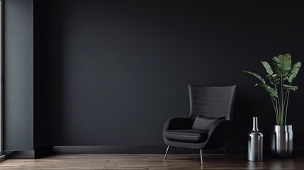 Minimalist Black Interior Living Room with Dark Grey Armchair and Silver Floor Vase