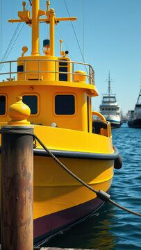 Vibrant yellow tugboat tied to bollar in port, maritime transport, industry