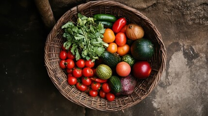 A rustic basket overflowing with a variety of vibrant vegetables, highlighting the richness of a healthy harvest