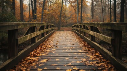 Wooden Bridge in Autumn Forest, Fall Foliage on a Rustic Bridge