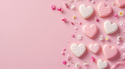 Naklejka premium Pink Heart Cookies and Flowers for Happy Valentine's Day background, pink rose petals background