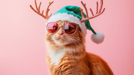 Cool ginger cat in Santa hat, reindeer antlers, and sunglasses against pink background.