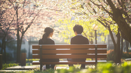 桜並木のベンチで日本の中学生・高校生の男女が並んで座っている後ろ姿、葉桜