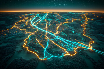 Concept Baltic States leaving, withdraw from Russian BRELL power grid. Synchronous grid of Continental Europe. High electricity poles in urban area connected to smart grid. AI
