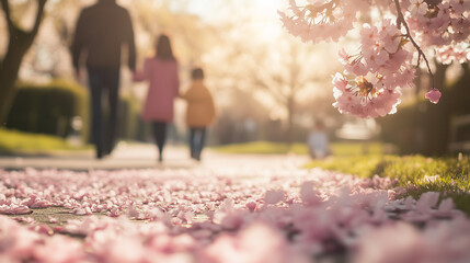 手前の桜の花びらがぼけた背景　3人家族で歩いている後ろ姿　お花見　テキストスペースあり
幻想的な雰囲気 