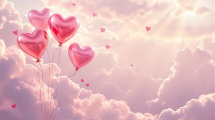 Happy Valentine's Day background with Pink Heart Balloons in the Sky	