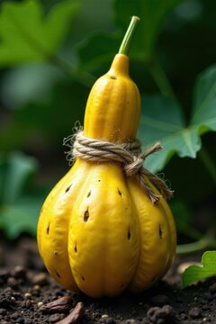 Twisted jute sack wrapped around a pointed gourd Trichosanthes dioica, gourd, herb, trichosanthaceae