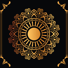 Luxury mandala design black background in gold color
