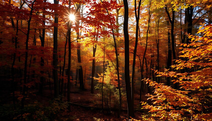 Fototapeta premium Autumn Forest with Sunlight Streaming Through Trees