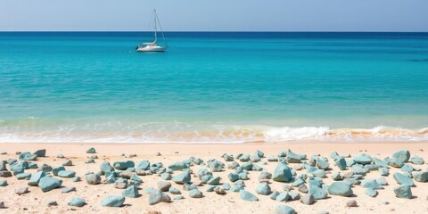 Fototapeta premium Turquoise sea rocks scattered on the sandy beach with a sailboat gently rocking in the calm turquoise water, serene atmosphere, turquoise sea
