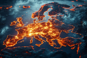 Concept Baltic States leaving, withdraw from Russian BRELL power grid. Synchronous grid of Continental Europe. High electricity poles in urban area connected to smart grid. AI