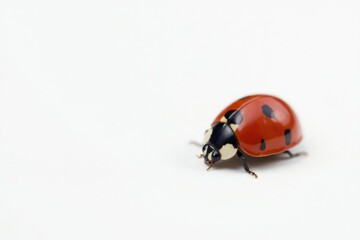 small red ladybug with black spots on a clean white background, spot, white, small