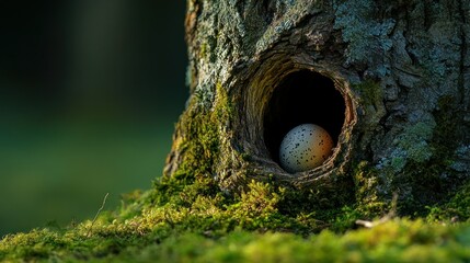 Bird's egg in a tree hollow, natural setting