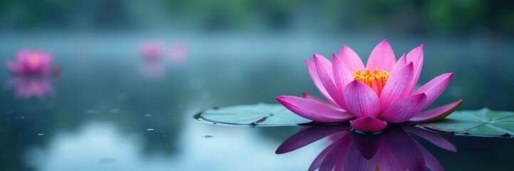 Fototapeta premium Serene violet-colored lotus blooms on a misty lake shore, water, petal, violet
