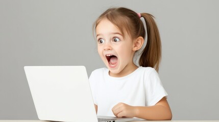 Excited young girl with wide eyes and open mouth sitting at a desk with a laptop, expressing surprise and joy in a minimalistic gray background setting