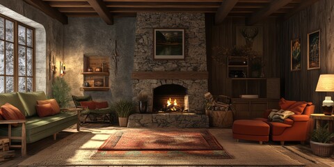 Fototapeta premium Cozy Cabin Living Room With Stone Fireplace And Wooden Beams