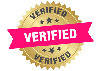 verified. verified round pink and gold label isolated on transparent background