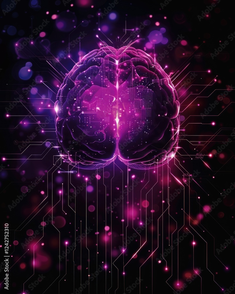 Poster futuristic brain design with neon lights and circuit patterns