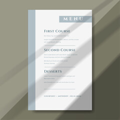 Modern and elegant wedding menu template with a minimalist design. Featuring refined typography and a soft color palette, it beautifully presents the courses, making it perfect for reception.