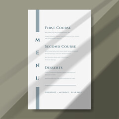 Elegant wedding menu template featuring a modern and minimalist design. The refined typography and structured layout present the dinner menu beautifully, making it perfect for formal receptions