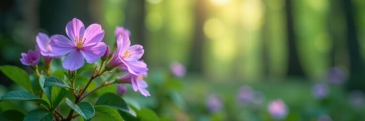 Delicate wild forest periwinkle blooms in soft focus with tree branches, wildflowers, leaves, tree branches