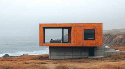 Coastal modern house, foggy ocean view, minimalist design, tranquil scene, vacation rental