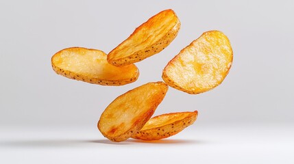 Golden Brown Potato Wedges Levitating Against White Background