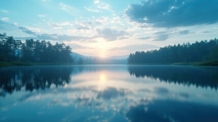 Fototapeta premium Serene Water Reflections at Sunrise with Soft Clouds Over the Tranquil Surface of a Calm Lake Surrounded by Lush Greenery and Distant Mountains