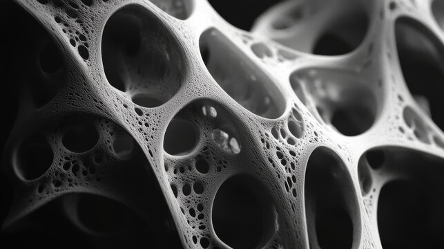 Close-up of abstract bone structure with intricate details, featuring digital molecular patterns and futuristic design elements in a scientific and medical concept


