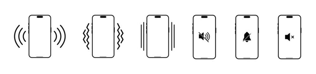 Mobile Phone Vibrating Icon Vector, Ringtone Symbols for App-Web, Including Mute, Vibrate, Silent, Sound, Ringing, and Voice Modes.