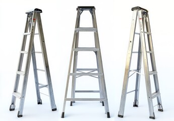 Three aluminum stepladders, studio shot, white background, home improvement (1)
