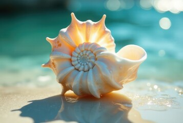 Obraz premium Seashell Spiral on Sandy Beach Reflecting Sunlight in Ocean Breeze