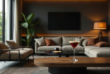 A single espresso martini rests on a low wooden coffee table in a modern living room with comfortable seating and warm lighting