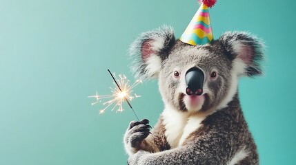 Obraz premium Koala bear wearing party hat holding sparkler.